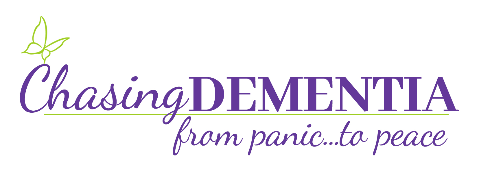 Website logo purple text with green line and green calligraphy butterfly graphics